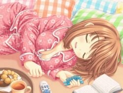 aoi_akua blush book breasts brown_hair cleavage closed_eyes covered_erect_nipples donut drooling female female_focus food komaki_manaka lying on_side open_mouth pajamas saliva short_hair sleeping solo tea to_heart_(series) to_heart_2