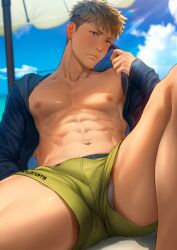 1boy abs beach blonde_hair blush earrings jewelry legs_apart luca_(mondi_xxx) male male_only mondi_xxx muscular muscular_male nipples open_clothes original outdoors pecs purple_eyes solo