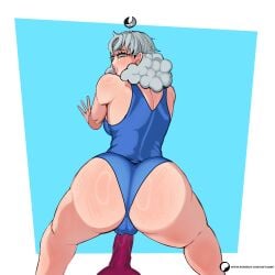 back_view big_ass blush dildo fat_ass female female_only fluffy_hair grey_hair moon nefta3007 nervous oc original_character swimsuit yrjio