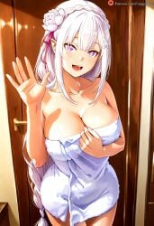 blush braid emilia_(re:zero) grey_hair naked_towel purple_eyes