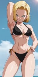 accurate_art_style ai_generated android android_18 android_girl anime anime_style beach beach_background beautiful big_ass big_breasts big_butt blonde_female blonde_hair blonde_hair curvy curvy_body curvy_female curvy_figure curvy_hips dragon_ball dragon_ball_z  female female female_only hips_grab laying laying_on_sand laying_on_side legs legs_together pixiv sexy sexy_pose thick_thighs touching_hip touching_leg touching_legs wide_hips ai_generated miyaji_ai miyaji_ai_(artist) tagme