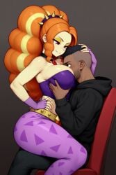 1boy 1girls adagio_dazzle ai_generated beard_stubble big_breasts breast_smother breasts dark-skinned_male dark_skin equestria_girls face_in_breasts female friendship_is_magic hasbro holding_head hoodie lap_dance leggings looking_at_each_other male my_little_pony novelai orange_hair self_upload sitting sitting_on_chair sitting_on_lap smile stable_diffusion thick_thighs