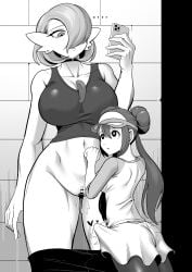 ... 2girls absurdres arm_at_side ass bar_censor bare_shoulders bob_cut breasts brick_wall bulge cellphone censored choker clitoral_hood closed_mouth collarbone commentary cowboy_shot crop_top donut_hair_bun double_bun earrings english_commentary erection erection_under_clothes eye_contact from_behind futa_with_female futanari gardevoir hair_bun hair_over_one_eye hand_up heart highres holding holding_phone interspecies iphone jewelry large_breasts leggings leggings_pull looking_at_another looking_down looking_up mature_female multiple_girls navel one_eye_covered pantyhose phone pokemon pokemon_(creature) pokemon_bw2 pussy pussy_juice raglan_sleeves rosa_(pokemon) shirt short_hair short_shorts shorts sidelocks sleeveless sleeveless_shirt small_breasts smartphone standing stomach stud_earrings tekkin_papa twintails visor_cap