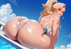 ai_generated ass_focus back_cutout balecxi blonde_hair blue_eyes blue_sky blurry blurry_background braid clothing_cutout cloud competition_swimsuit day female freckles from_behind gemma_(monster_hunter_wilds) huge_ass large_breasts long_hair looking_at_viewer looking_back monster_hunter_wilds one-piece_swimsuit one_eye_closed outdoors ponytail pool poolside shiny_skin sitting solo swimsuit thick_thighs tongue_out wet