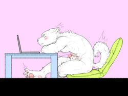 anthro athletic blush canine claws computer cum cumshot ejaculation erection humanoid_penis laptop leaning leaning_forward male mammal masturbation motion_lines nude orgasm pawpads pecs penile_masturbation penis scrunchy_face side_view sitting solo toe_curl torte wolf