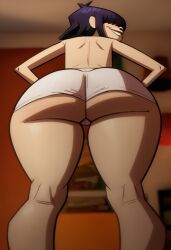 bangs bending_over big_ass blush cameltoe gorillaz looking_at_viewer noodle_(dare) noodle_(gorillaz) purple_hair short_hair short_shorts shortstack smile tagme thick_thighs white_short