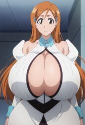 1girls ai_generated big_breasts bleach bleach:_the_thousand-year_blood_war breasts cleavage cleavage_cutout ebisu-frr female female_only huge_breasts inoue_orihime large_breasts light-skinned_female light_skin long_hair massive_breasts orange_hair solo solo_female solo_focus