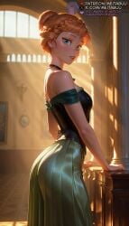 1girls ai_generated anna_(frozen) ass bare_shoulders black_choker blonde_hair blue_eyes braid braided_bun breasts choker corset crown_braid disney disney_princess dress female freckles from_side frozen_(film) green_dress hair_bun indoors jewelry light_rays lips long_skirt looking_at_viewer looking_to_the_side medium_breasts meitabuu necklace off-shoulder_dress off-shoulder_shirt off_shoulder orange_hair parted_lips pillar pleated_skirt short_hair sidelighting single_hair_bun skirt solo sunlight updo window