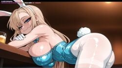 ai_generated alcohol animal_ears ass asuna_(blue_archive) asuna_(bunny)_(blue_archive) bangs bare_shoulders blonde_hair blue_archive blue_eyes blue_leotard blush bow bowtie breasts cup drinking_glass fake_animal_ears female from_side gloves highleg highleg_leotard large_breasts leotard light_brown_hair long_hair looking_at_viewer millennium_science_school_student official_alternate_costume pantyhose playboy_bunny rabbit_ears rabbit_tail seductive_smile smile sofaxd3x solo sweat tail white_gloves white_pantyhose