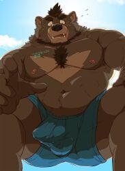 2025 anthro balls_outline bear brown_body bulge clothing detailed_bulge genital_outline hi_res kemono male mammal musclegut muscular navel nipples penis_outline raichoclub slightly_chubby solo underwear