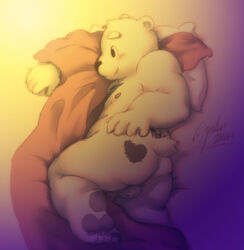 anthro anus ass backsack balls barefoot bear bed blush flaccid heart_marking lying male male_only mammal nipples nude on_bed on_side overweight overweight_male pawpads penis pinup polakuma pose shaded signature smile solo under_covers