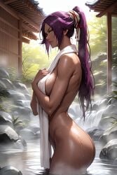 ai_generated ass bleach breasts covering_breasts covering_with_towel dark-skinned_female dark_skin daytime dripping_water faprunner78 forest hair_accessory hot_spring hot_water legs_in_water long_hair looking_at_viewer looking_to_the_side medium_breasts natural_breasts onsen outdoors ponytail purple_hair round_ass shihouin_yoruichi side_view sideboob slim_girl slim_waist steam sunny thighs tied_hair towel_around_neck waist wet wet_body wet_hair