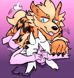 ambiguous_gender anthro arcanine arm_grab blue_eyes blush blush_lines bodily_fluids chest_tuft claws cum duo eyewear fur generation_1_pokemon genital_fluids glasses gradient_background hi_res holding_face holding_head horn male nintendo on_top orange_body orange_eyes orange_fur pink_body pink_fur pokemon pokemon_(species) sex shadow simple_background tail tail_motion tailwag tongue tongue_out tuft xli