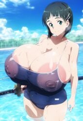 1girls ai_generated black_hair blush breasts_bigger_than_head cleavage erect_nipples erect_nipples_under_clothes female female_only green_eyes hime_cut huge_breasts kirigaya_suguha large_tits light-skinned_female light_skin mt_onizu nipples_visible_through_clothing see-through see-through_clothing short_hair smiling solo sweat sweatdrop sword_art_online thick_body thick_female voluptuous voluptuous_female