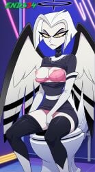 2025 ai_generated angel angel_wings ends34 female female_masturbation female_only hazbin_hotel lute_(hazbin_hotel) medium_breasts pink_panties serious short_hair silver_hair sitting sitting_on_toilet toilet wings yellow_eyes
