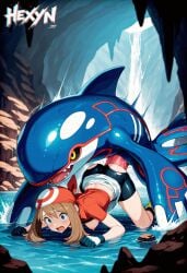 ai_generated all_fours doggy_style hexynart kyogre legendary_pokemon may_(pokemon) outdoors pokemon pokephilia