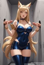 1boy 2boys ahri ahri_(league_of_legends) ai_generated animal_ear_fluff animal_ears armlet artist_name bangs bare_shoulders black_choker blonde_hair blue_thighhighs blush bracelet breasts choker clavicle cleavage clothing covered_navel cowboy_shot double_handjob erection facial_mark female female fox_ears fox_girl fox_tail group_sex hands_up heart heart_choker jewelry jousneystudio k/da_(league_of_legends) k/da_ahri k/da_all_out_series k/da_series large_breasts league_of_legends legwear leotard lips long_hair looking_at_viewer male mmf_threesome multiple_boys multiple_penises navel open_mouth parted_lips penis riot_games shorts skindentation solo_focus standing straight swept_bangs tail teeth tekoki testicles thigh_gap thighhighs thighs threesome uncensored very_long_hair whisker_markings yellow_eyes