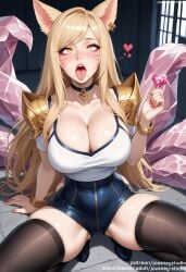 ahri ahri_(league_of_legends) ai_generated animal_ears arm_support bangs black_legwear black_thighhighs blonde_hair blush bracelet breasts choker cleavage clothing earrings facial_mark female female female_only fox_ears fox_tail heart heart_choker holding huge_breasts indoors jewelry jousneystudio k/da_(league_of_legends) k/da_ahri k/da_all_out_series k/da_series large_breasts league_of_legends legwear long_hair looking_at_viewer multiple_tails nail_polish open_mouth pink_nails riot_games shiny shiny_skin shirt shorts sitting skindentation solo spread_legs squatting sweat swept_bangs tail teeth thick_thighs thighhighs thighs tongue tongue_out whisker_markings yellow_eyes