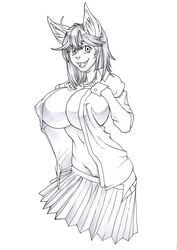 anthro autumm_airwave big_breasts breasts clothed clothing feline female huge_breasts mammal nipple_bulge open_clothes open_shirt pussy school_uniform shirt smile solo standing uniform wide_hips