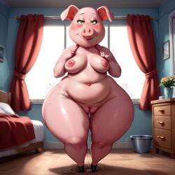 1girls ai_generated anthro bbw belly belly_button blush breasts female_only front_view illumination_entertainment indoors looking_at_viewer nude pig pig_ears pig_girl pink_skin pussy pussy_juice rosita_(sing) sing_(movie) solo solo_female solo_focus thick thick_thighs wide_hips