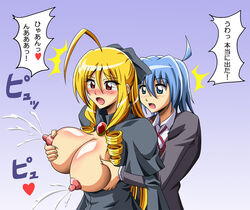 1boy ahoge areolae ayasaki_hayate blonde_hair blue_eyes blue_hair blush breast_grab breasts dress drill_hair female hayate_no_gotoku! keikurin large_breasts long_hair milk milking nipple_tweak nipples open_mouth red_eyes tennousu_athena