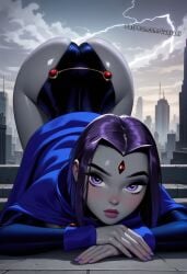 ai_generated arched_back ass_up ass_up_face_down black_leotard blush city cloak dc dc_comics downward_dog face_down_ass_up grey_skin head_down_ass_up horny horny_female jaajaai leotard on_ground purple_eyes purple_hair raven_(dc) seducing seductive_pose shiny_skin small_waist submissive_female tagme teasing teasing_viewer teen_titans thin_waist