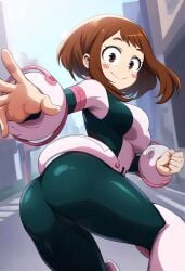 1girls ai_generated ass ass_focus looking_back my_hero_academia ochako_uraraka ochako_uraraka_(hero_outfit) skinsuit smile