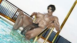 3d armpit_hair big_penis black_lipstick black_nails ear_piercing fareeha_amari futa_only futanari hairy in_pool looking_at_viewer muscular_futanari nipple_piercing overwatch pharah pubic_hair septum_piercing short_hair solo_futa veiny_penis yeetiques