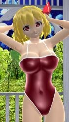 1girls 2025 3d adult_female armpits arms_behind_head arms_up belly_button blonde_hair_female breasts cleavage clouds forest hati_yukkuri_mmd hips jpeg light-skinned_female mmd moon night night_sky ofuda open_mouth red_eyes red_swimsuit rumia short_hair_female sky solo_female solo_focus swimsuit thighs touhou trees waist youkai