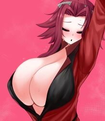 1girls absurd_res akiza_izinski arms_up blush closed_eyes clothing_malfunction female horny huge_breasts izayoi_aki large_breasts no_bra open_mouth red_hair short_hair solo suit sweatdrop the_only_shoe voluptuous yu-gi-oh! yu-gi-oh!_5d's