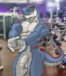 abs balls blue_skin cum_in_foreskin dinosaur grin gym linkin_monroe long_foreskin looking_at_viewer male male_only muscular muscular_male pecs penis precum public smile solo stretching theropod tyrannosaurus_rex uncut