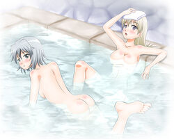 2girls ass bath blush eila_ilmatar_juutilainen hiro_yoshinaka large_breasts multiple_girls sanya_v_litvyak strike_witches tagme towel water world_witches_series