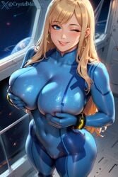 1girl ai_generated big_breasts blonde_hair blue_eyes busty crystal_(crystal_m) crystal_m curvy curvy_female female female_only from_above hoop_earrings long_hair looking_at_viewer original original_character pussy samus_aran_(cosplay) seductive seductive_look shiny_skin smiling smiling_at_viewer solo_female solo_focus thick_legs thick_thighs tight_clothing touching_breasts voluptuous voluptuous_female wide_hips wink winking_at_viewer zero_suit zero_suit_samus