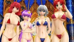 2025 3d 4girls belly_button bikini blue_bikini blue_eyes_female breasts clavicle cleavage cresent_moon demon demon_girl devil_wings earrings green_bow green_eyes_female grey_hair_female group_focus hati_yukkuri_mmd headband hips hong_meiling human indoors interior_background jpeg koakuma light-skinned_female long_hair_female looking_at_viewer mmd open_mouth patchouli_knowledge purple_eyes_female purple_hair_female purple_ribbon red_bikini red_eyes_female red_hair_female sakuya_izayoi short_hair_female smiling_at_viewer striped_bikini swimsuit tied_hair touhou waist yellow_bow youkai