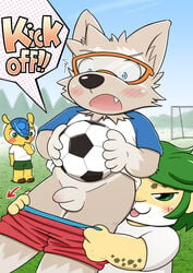 anthro armadillo balls blue_eyes blush brown_fur canine cheetah eyewear feline fifa fuleco fur furry gay glasses green_eyes green_hair inuwanko male mammal penis surprise white_fur wolf yaoi yellow_fur zabivaka zakumi