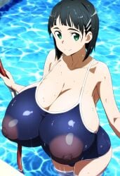 1girls ai_generated black_hair blush breasts_bigger_than_head cleavage erect_nipples erect_nipples_under_clothes female female_only green_eyes hairclip huge_breasts kirigaya_suguha leaving_pool light-skinned_female light_skin looking_at_viewer mt_onizu nipples_visible_through_clothing one-piece_swimsuit pool see-through see-through_clothing short_hair smiling solo sweat sweatdrop sword_art_online thick_body thick_female voluptuous voluptuous_female wet