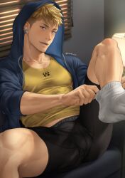 1boy blonde_hair earphones earrings feet hoodie indoors jewelry looking_at_viewer luca_(mondi_xxx) male male_only mondi_xxx muscular muscular_male nipples_visible_through_clothing original purple_eyes sitting smile socks solo