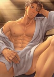 1boy abs blue_eyes blush brown_hair jim_(mondi_xxx) male male_only mondi_xxx muscular muscular_male nipples original pecs sauna sitting solo