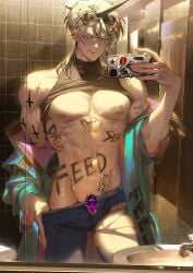 1boy bathroom beelzebub_(what_in_hell_is_bad) blonde_hair blush body_writing demon_boy ear_piercing glasses horn jewel licking_lips male_only midriff mirror_selfie nipple_piercing nori31291404 open_shirt pulling_down_pants tagme torn_pants what_in_hell_is_bad