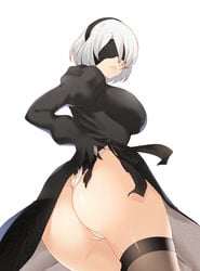 ass ass_focus blindfold breasts female nier nier:_automata panty_pull stockings thong white_hair yorha_2b