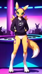 1girls 2025 ai_generated anthro black_sclera blue_eyes bottomless bottomless_female club crowd digimon digimon_(species) digitigrade dj female female_only headphones hi_res hoodie indoors innie_pussy looking_at_viewer neon_lights pussy renamon smile white_fur yellow_fur