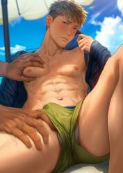 2boys abs beach blonde_hair blush earrings gay jewelry legs_apart luca_(mondi_xxx) male_focus mondi_xxx multiple_boys muscular muscular_male nipples oiled oiled_skin open_clothes original outdoors pecs purple_eyes solo_focus yaoi