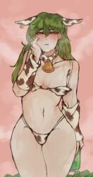 1boy background bikini blush blush blushing_at_viewer blushing_male cow_bell cow_bikini cow_ears cowbell cowbell_collar enkephalin feminine_male green_hair green_hair_male heavy_blush holding_object jakedaknight library_of_ruina lobotomy_corporation long_hair long_hair_male looking_at_viewer netzach netzach_(library_of_ruina) netzach_(project_moon) pink_background project_moon solo solo_male sweat sweating sweating_male