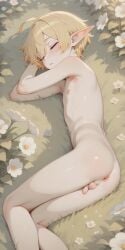 ai_generated aiden_bc blonde_hair elf femboy freckles long_ears short_hair sleeping