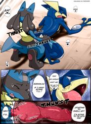 anal anal_sex anus blue_balls colored comic duo edit english_text erection fur gaping gaping_anus greninja heart highres kivwolf knot lucario male nintendo outdoors penetration penis pokemon pokemon_(species) red_eyes redoxx sex shocked testicles text yaoi