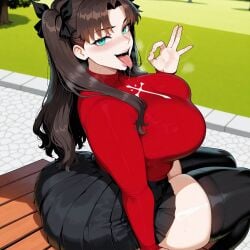 1girls ai_generated ass big_breasts breasts fate/stay_night fate_(series) female female_focus green_eyes hips huge_ass huge_breasts large_breasts legwear light-skinned_female long_hair looking_at_viewer open_mouth thick_thighs thighs tohsaka_rin tongue_out twintails wide_hips