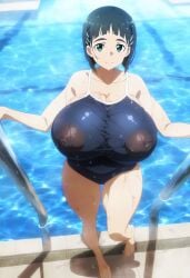 1girls ai_generated black_hair blush breasts_bigger_than_head cleavage erect_nipples erect_nipples_under_clothes female female_only green_eyes huge_breasts kirigaya_suguha large_tits light-skinned_female light_skin looking_at_viewer mt_onizu nipples_visible_through_clothing one-piece_swimsuit see-through see-through_clothing short_hair smiling solo sweat sweatdrop sword_art_online thick_body thick_female voluptuous voluptuous_female wet