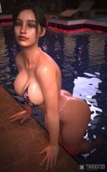 big_breasts bikini brown_hair claire claire_redfield cleavage huge_breasts large_breasts massive_breasts ponytail pool resident_evil resident_evil_2 resident_evil_2_remake twiggy3d wet wet_skin