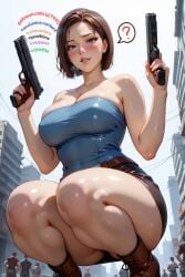 ai_generated big_breasts big_butt city gun jill_valentine patreon resident_evil resident_evil_3 shiny_skin short_hair squatting thick_thighs ul7990