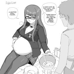 1girls atlus big_belly bloated_belly blush clothed clothing colorless dialogue eating embarrassed female glasses hungry lewdlemage long_hair monochrome navel navel_visible_through_clothes outie_navel persona persona_5 persona_5_royal pregnancy_cravings pregnant pregnant_with_multiples school_uniform shujin_uniform sketch stuffing sumire_yoshizawa text twins uncolored